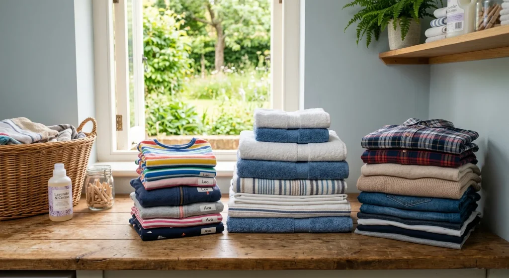 Freshly washed and folded family laundry
