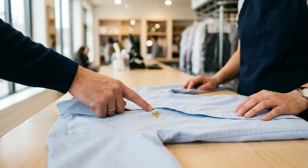 Customer showing a clothing stain before professional dry cleaning.