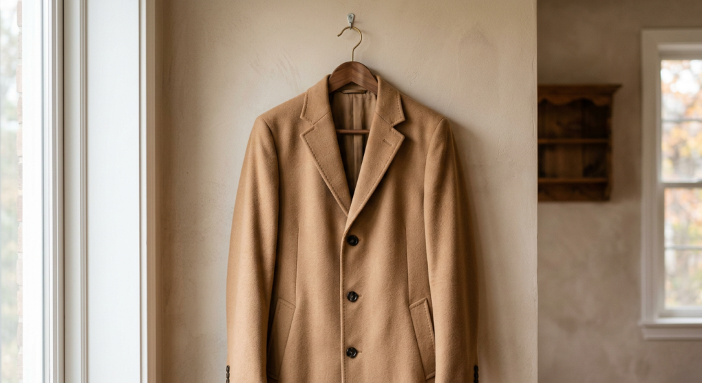 Wool coat professionally cleaned and ready for cooler weather.
