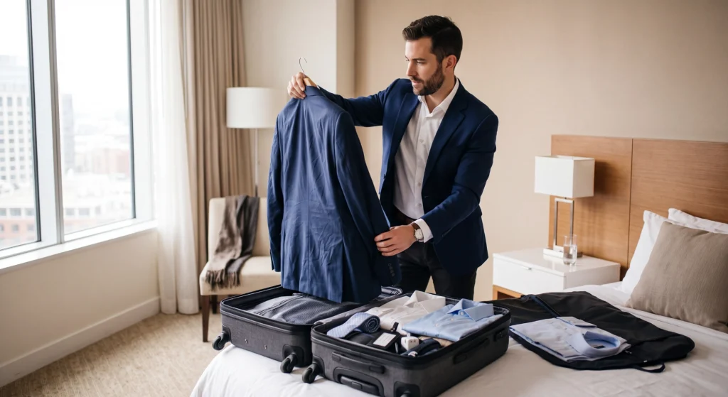 Business traveler unpacking work clothes after a trip